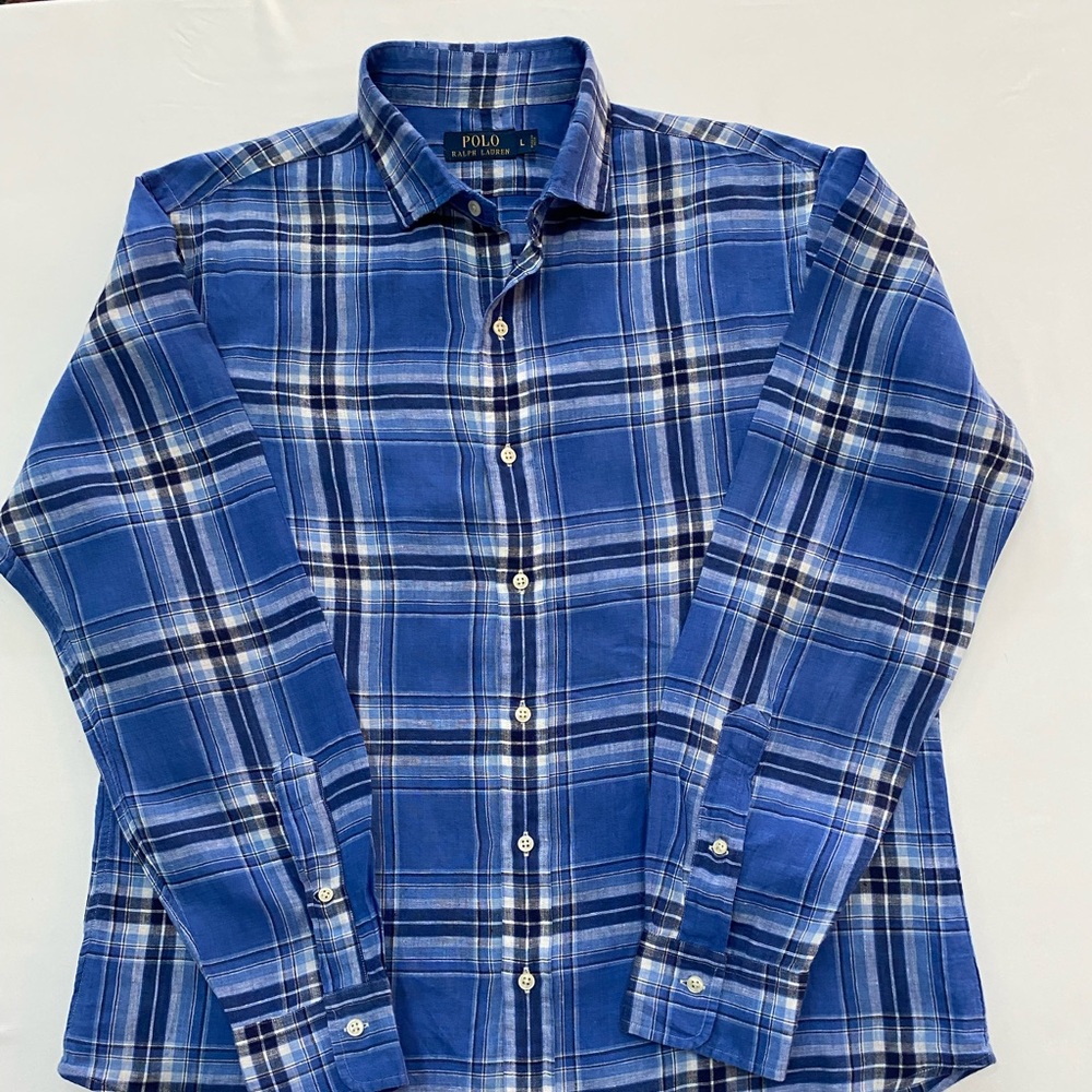 Polo Ralph Lauren Blue Plaid 100% Linen Long Sleeve Button Down Shirt - Large
